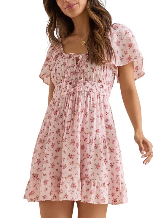 Blu Pepper Dresses & Skirts - Blu Pepper Romantic Coquette Floral Pink Front Ties And Ruffles Mini Dress Small